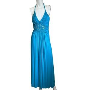 Sky Blue Halter Tie Crochet Midriff Open Back Maxi Summer Dress sz XS NWT $150